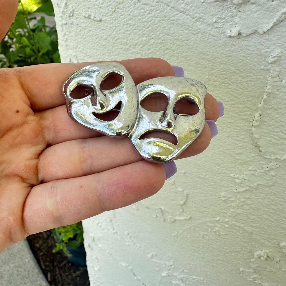 Vintage Jewelry Silver Tone Happy Sad Face Clown Brooch Pin Drama Faces